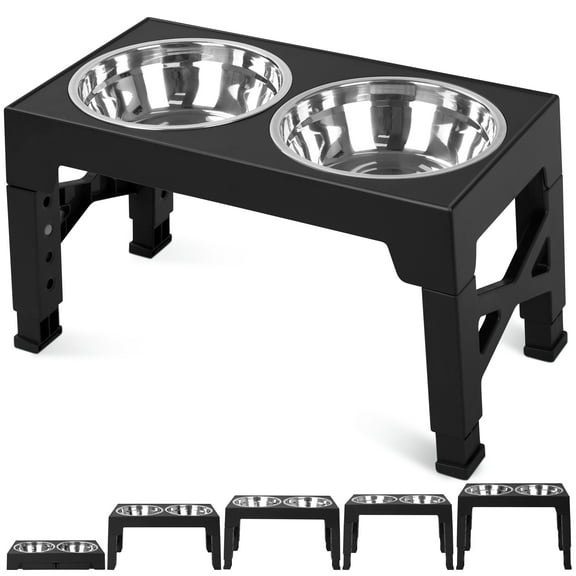 Elevated Dog Bowls Stand with 2 Dog Bowls Adjusts to 5 Heights (3.15", 8.66", 9.84",11.02", 12.2") for Small Medium and Large Dogs(Black)