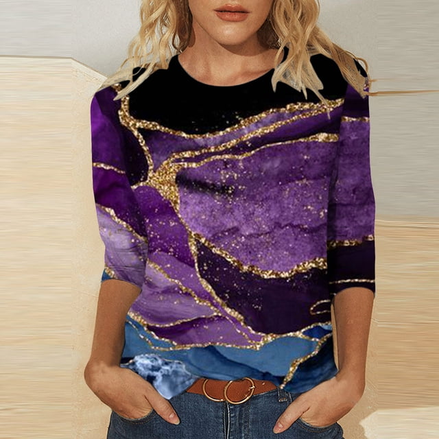 Hauts de Sortie pour Femmes Mode T-shirt Imprimé Ample Manches 3/4 Blouse Col Rond Hauts Décontractés Grande Taille Hauts pour Femmes Manches 3/4 en Liquidation