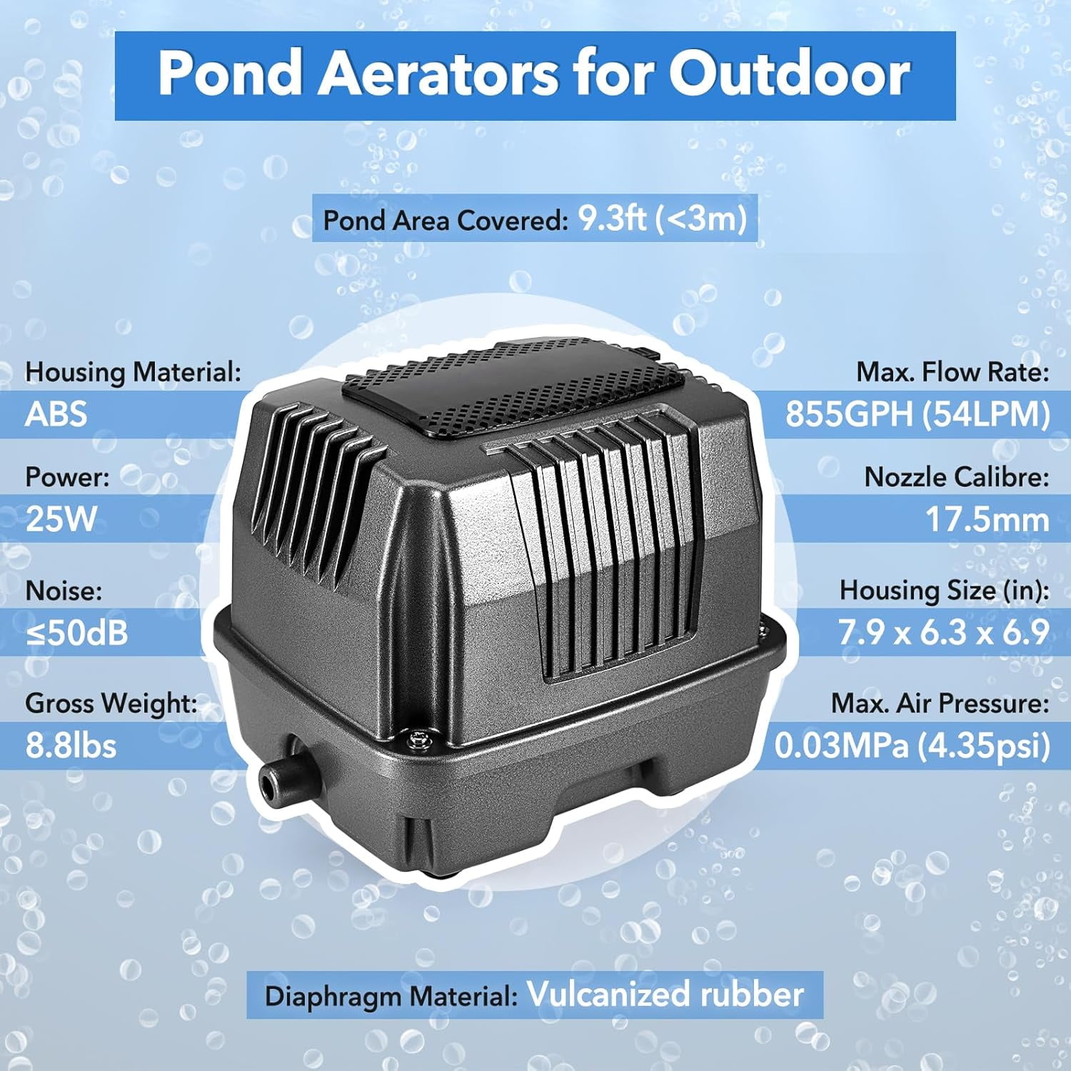 Linear Air Pond Pump, 855 GPH, Pond Aerators for Outdoor, Up to 10000 Gallons, with 8 Pcs Air Stones, for Fish Tank Koi Aquarium