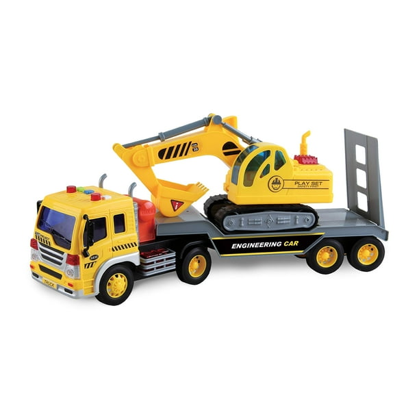 Transporte de vehículos Maxx Action 17 con excavadora: luces brillantes y sonidos de construcción | Remolque impulsado por fricción | Juego de juguetes de 3 piezas para niños | Camión de construcción