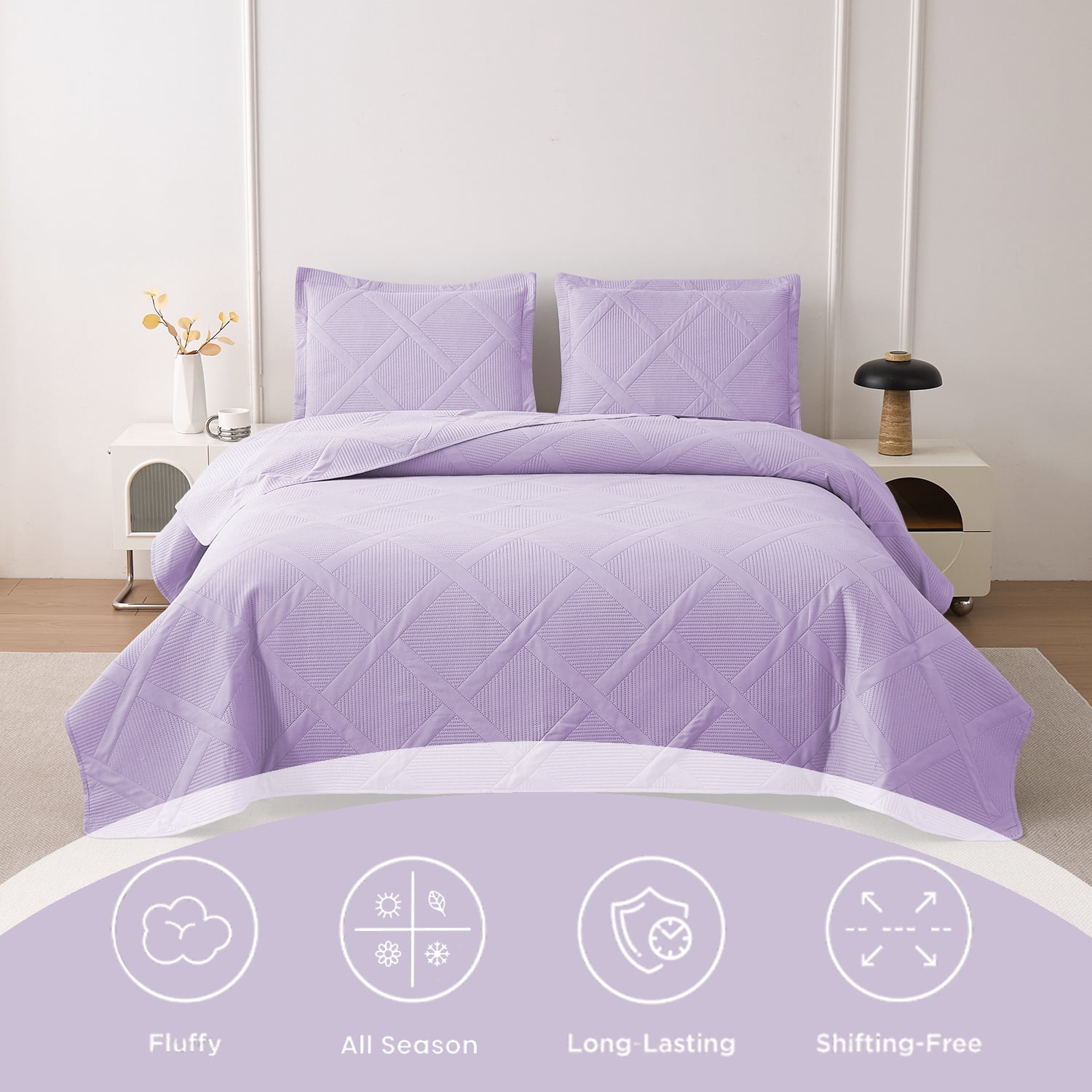 Beartech Solid Color Quilt Set Queen/Full Size Light Purple Bedspread Coverlet Microfiber Bedding Lightweight Reversible Set,Soft Bedding for All Seasons