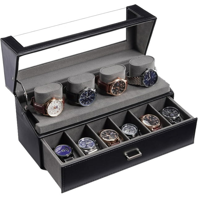 ProCase Estuche de 10 Relojes, Caja Exhibidor Almacenaje Relojero Visible Organizador Doble Capa para Hombre (Negro)