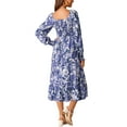 thumbnail image 3 of INSPIRE CHIC Women's Casual Floral Long Sleeve Square Neck Smocked Ruffle Hem Flowy Midi Dress with Pockets M Blue, 3 of 5