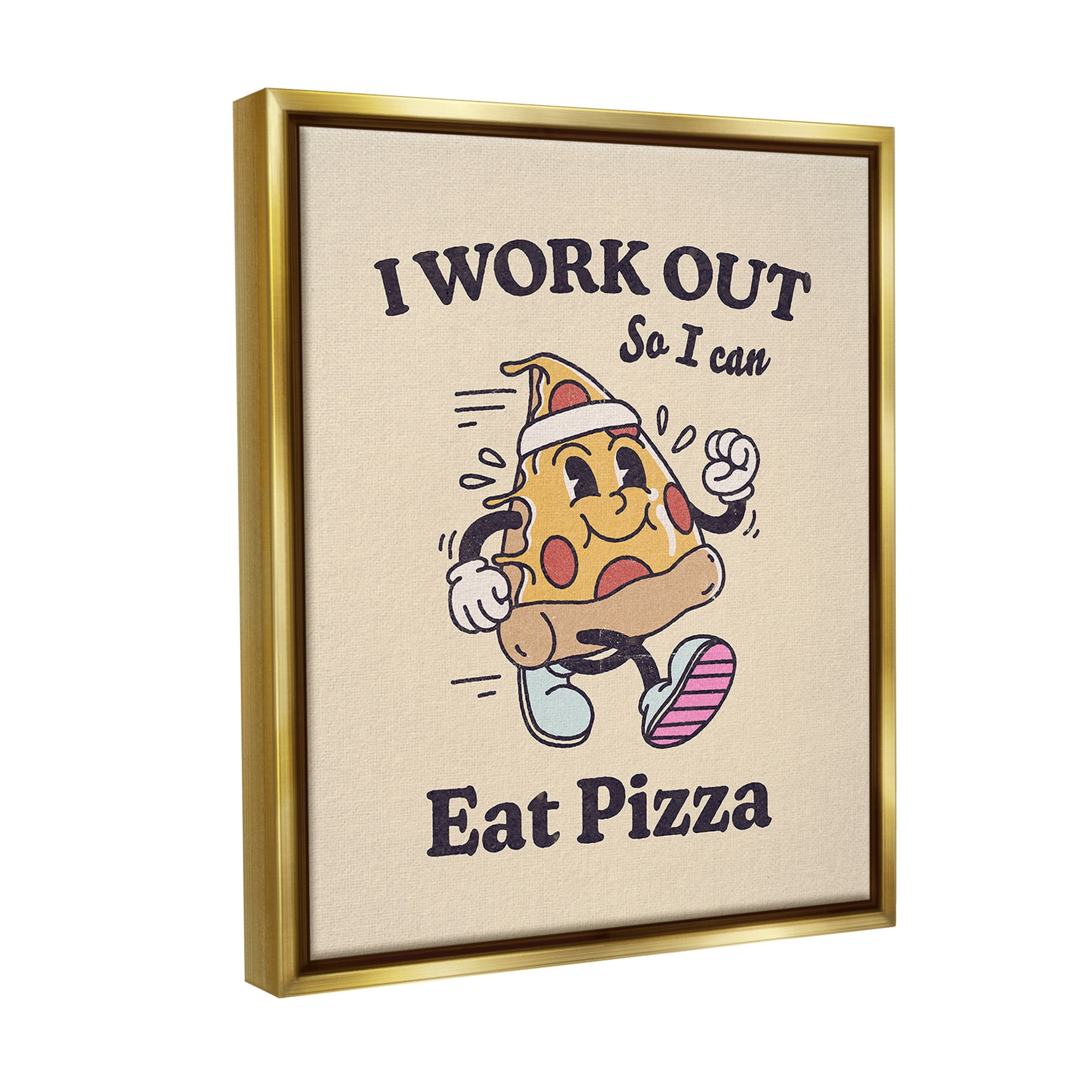 Stupell Industries Work Out To Eat Pizza Food & Beverage Painting Gold Floater Framed Canvas Art Print Wall Art, 25 x 31