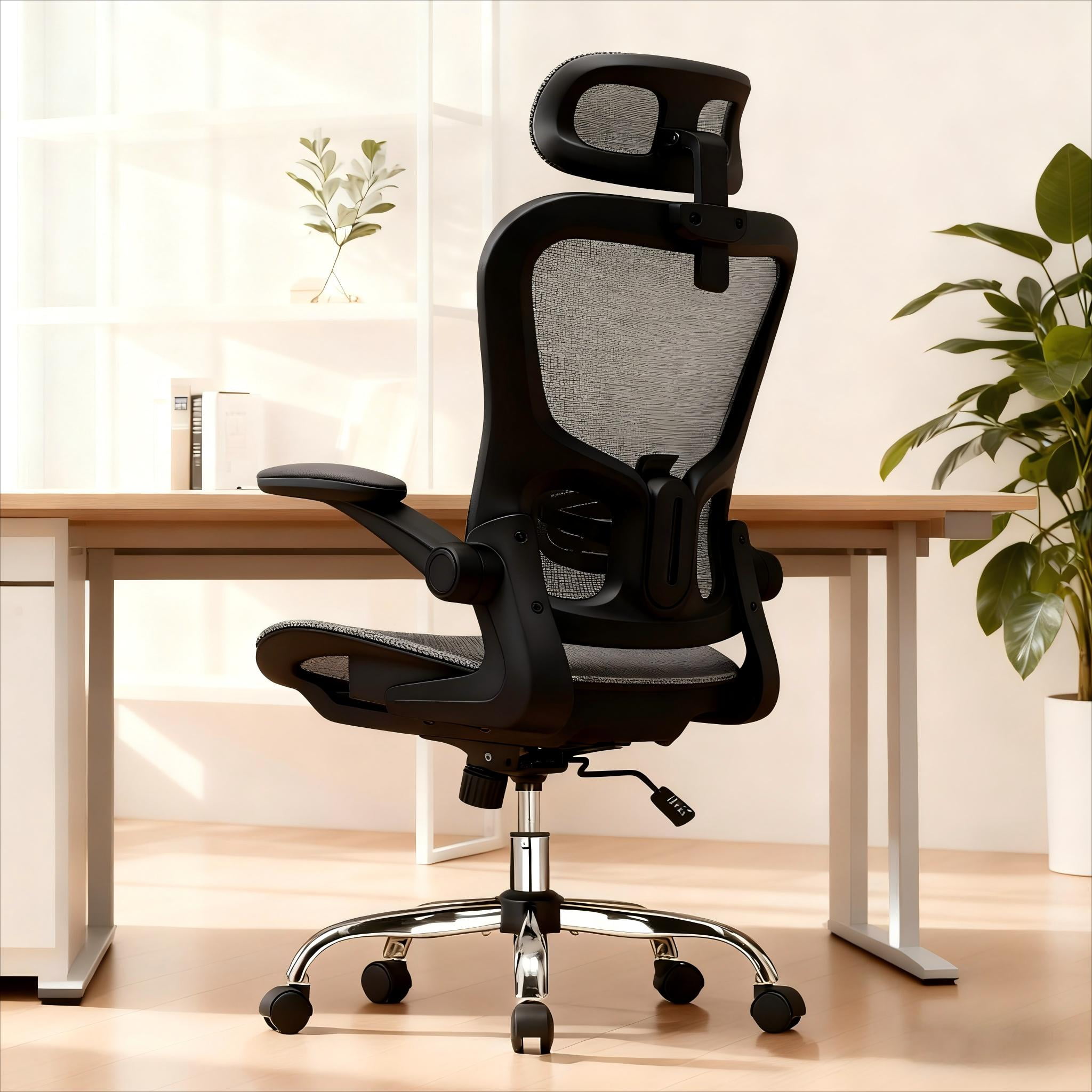 LUCKLIFE Ergonomic Mesh Office Chair, High Back Task Chair with Flip-up Arms, Adjustable Headrest & Lumbar Support for Home Office, Black