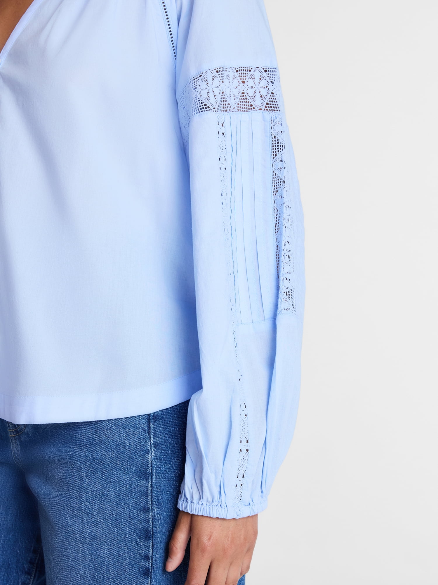 Time and Tru Women's Lace Insert Popover Full Sleeve Top, Sizes XS - XXXL