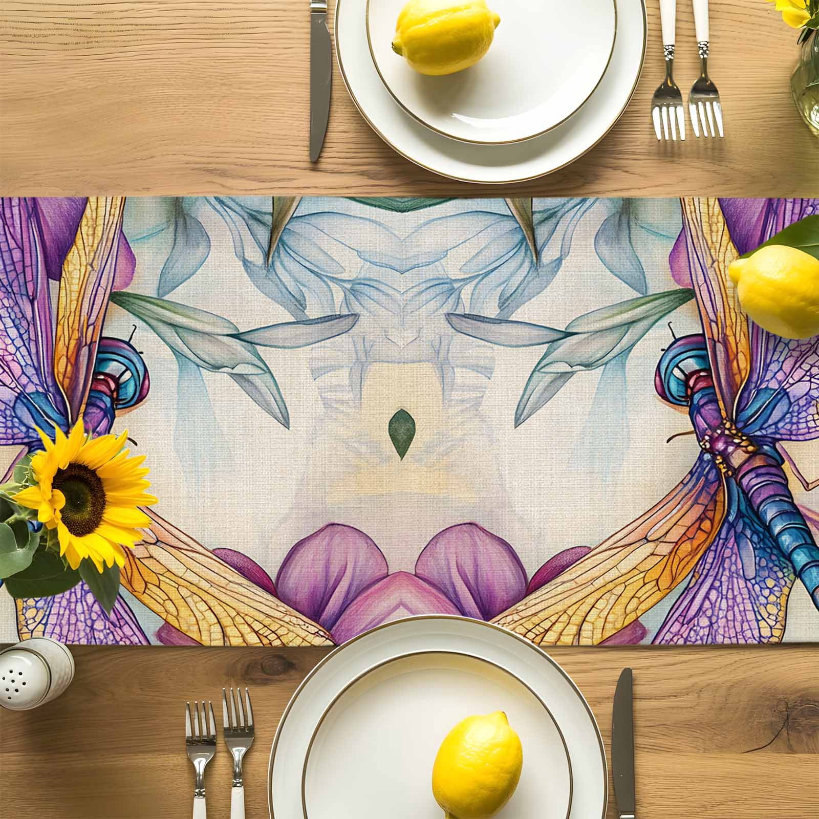 Colorful Rustic Pastoral Dragonfly Table Runner 90 Inches Long, Summer Watercolor Flower Table Runners Tabletop Scarf Kitchen Dining Tables Decoration for Home Party Indoor Outdoor