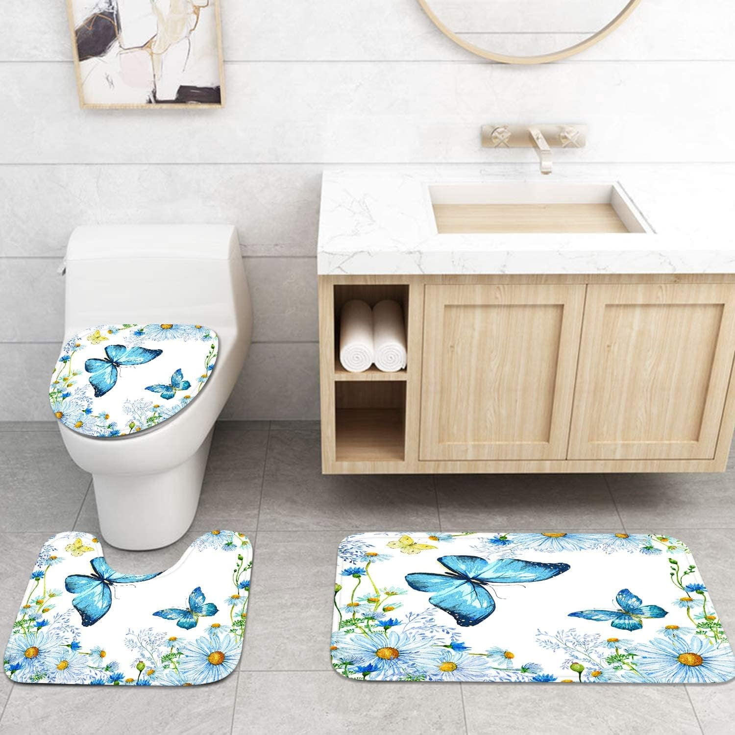 4PCS Mushroom Bathroom Shower Curtain Set with Rugs, Toilet Lid Cover and Bath Mat, Moon and Stars with 12 Hooks, Durable Bathroom Decor Set 701.9x70.9in