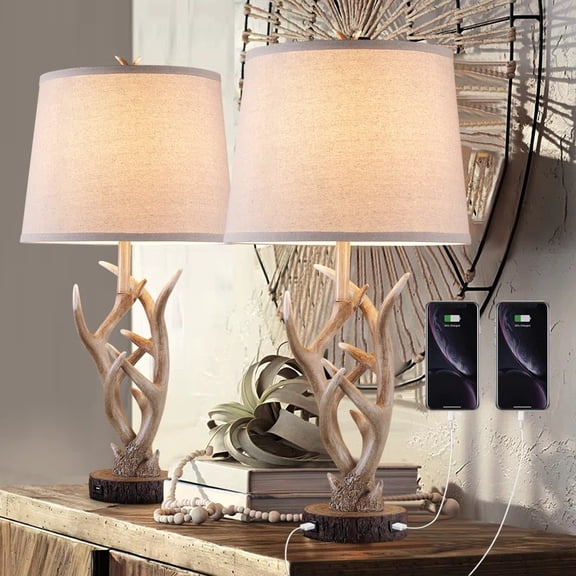Topotdor 2pcs 26" Vintage Table Lamp Set Bedside Lamp with Dual USB Port, Farmhouse Table Lamp with DIY Linen Lampshade Natural Antler Nightstand Lamp for Living Room Bedroom Home Office