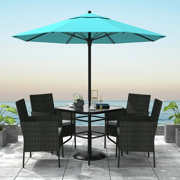 Piece Outdoor Wicker Patio Dining Table, Wicker Patio Dining Set With Umbrella