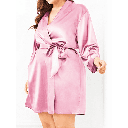 

JustVH Women Plus Size Daily Nightgown Imitation Silk Bow Tie Robe Sleepwear Solid Color Pajama Dress