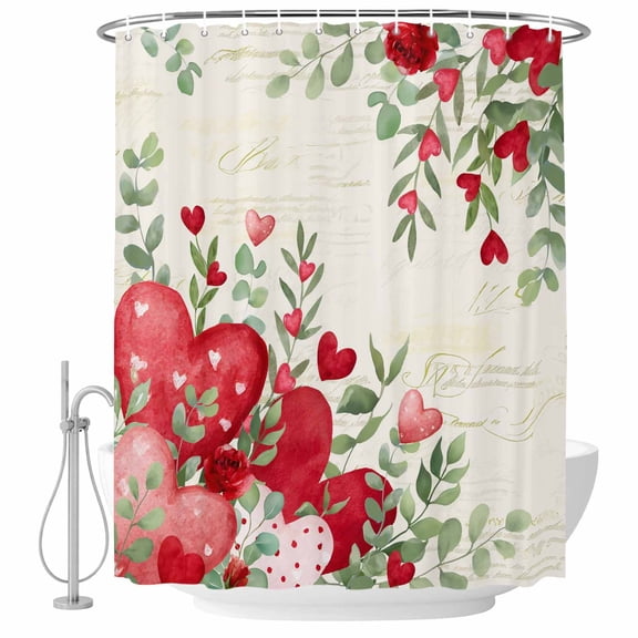 Valentines Love Heart Shower Curtain, Waterproof Shower Curtains for Bathroom, Red Eucalyptus Botanical Retro Washable Fabric Bathtub Curtain Set Bath Decor with 12 Hooks Long 72"x84"