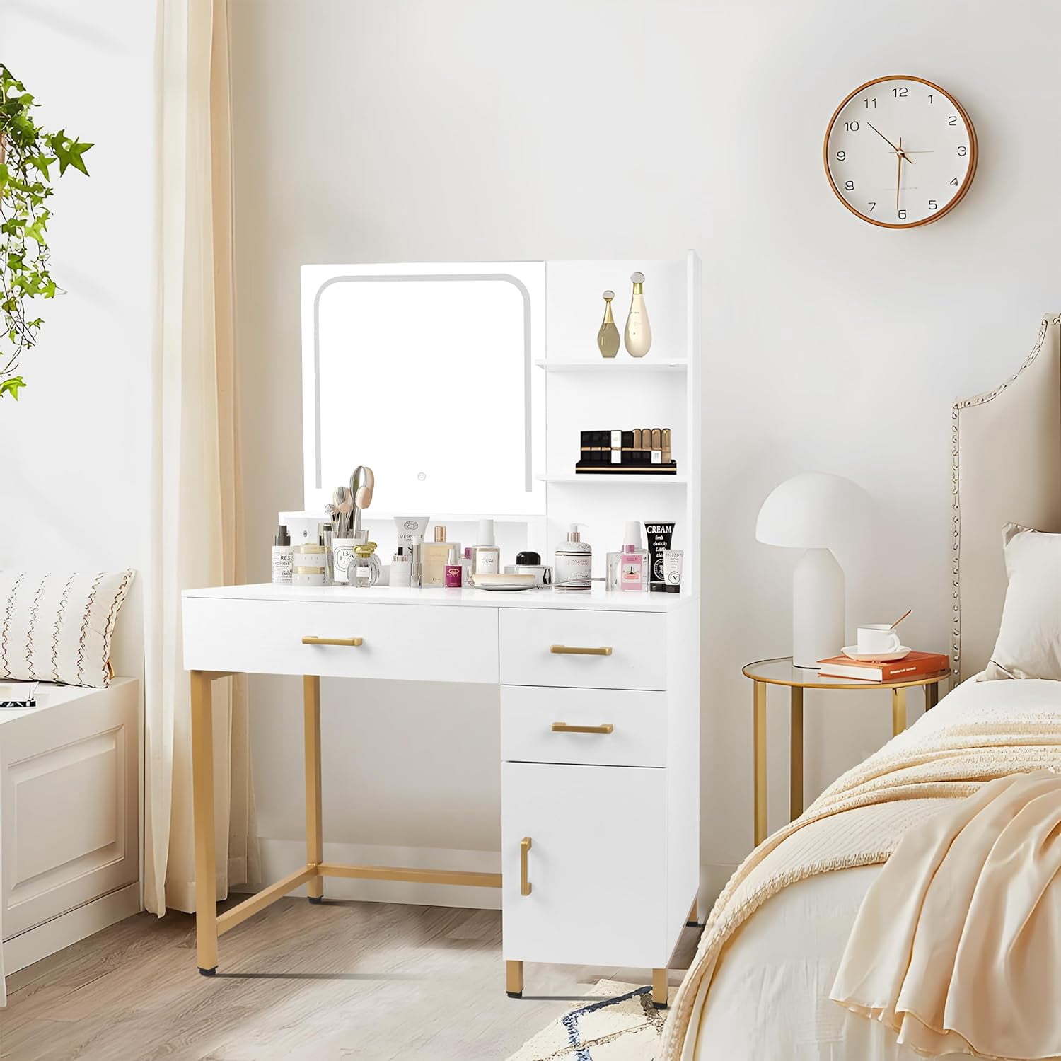 DOUSY Vanity Desk with Mirror and Lights and Stool, Makeup Vanity Desk Dressing  Table with 3 Drawers, Storage Open Shelves, Side Chest, Girls Vanity Table  Set with Cushioned Stool for Bedroom -