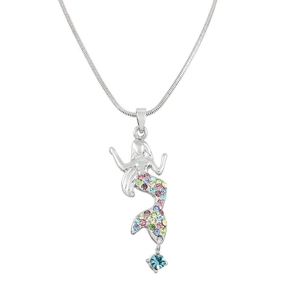Mermaid Pendant Necklace Multicolor Rhinestone Crystal Rhodium Plated 17 Inch Snake Chain J0151-MT