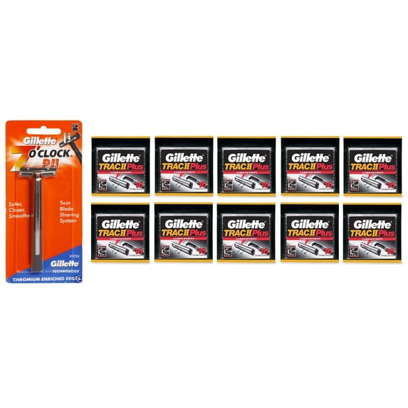 Gillette 7 O'Clock PII Trac II Razor + Trac II Plus Refill Blade Cartridges 10 ct. (Pack of 10) + Facial Hair Remover Spring