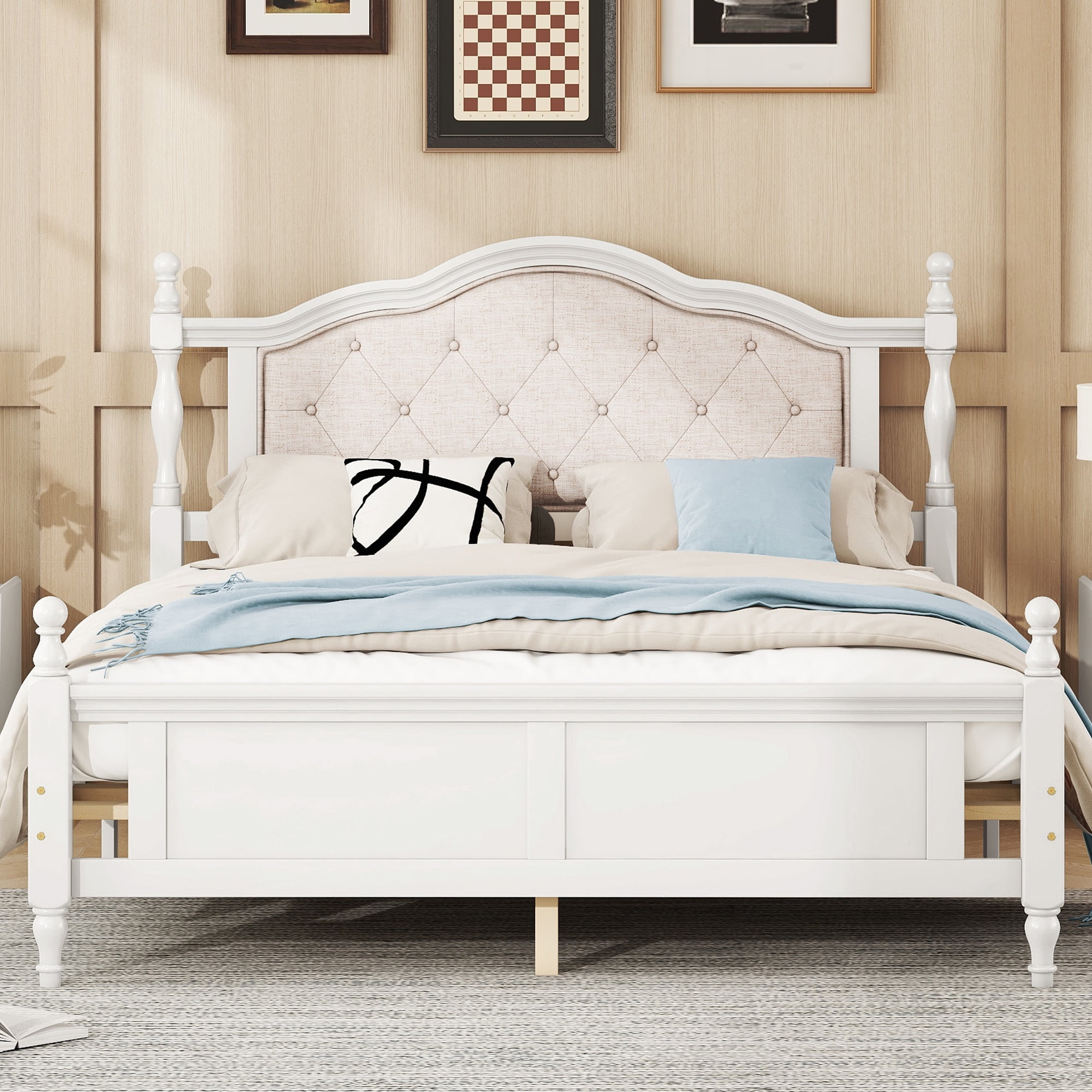 Miniyam Wood Queen Size Bed with Tufted Upholstered Headboard for Adult, White
