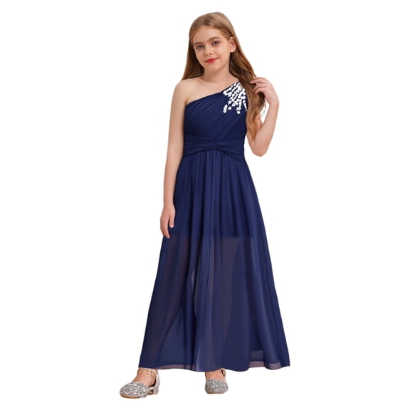 Hansber Flower Girls Dress One Shoulder Beaded Chiffon Princess Pageant Gowns Formal Party Wedding Bridesmaid Dress Navy Blue 10