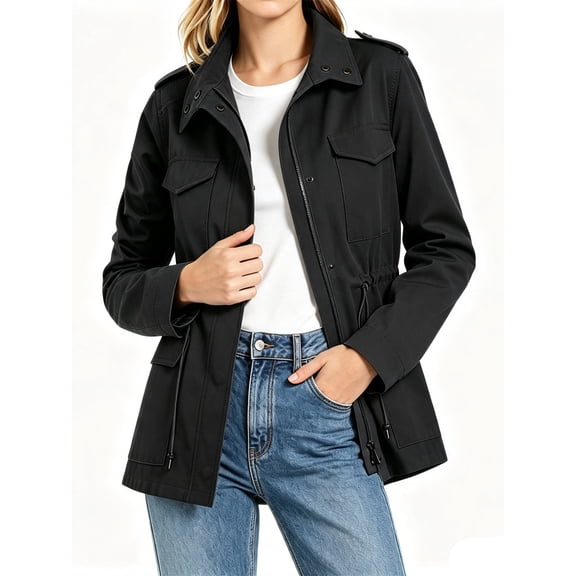 Long Sleeve Women Spring Fall Solid Color Zipper Coat Stand Collar Casual Military Anorak Jackets with Pocket