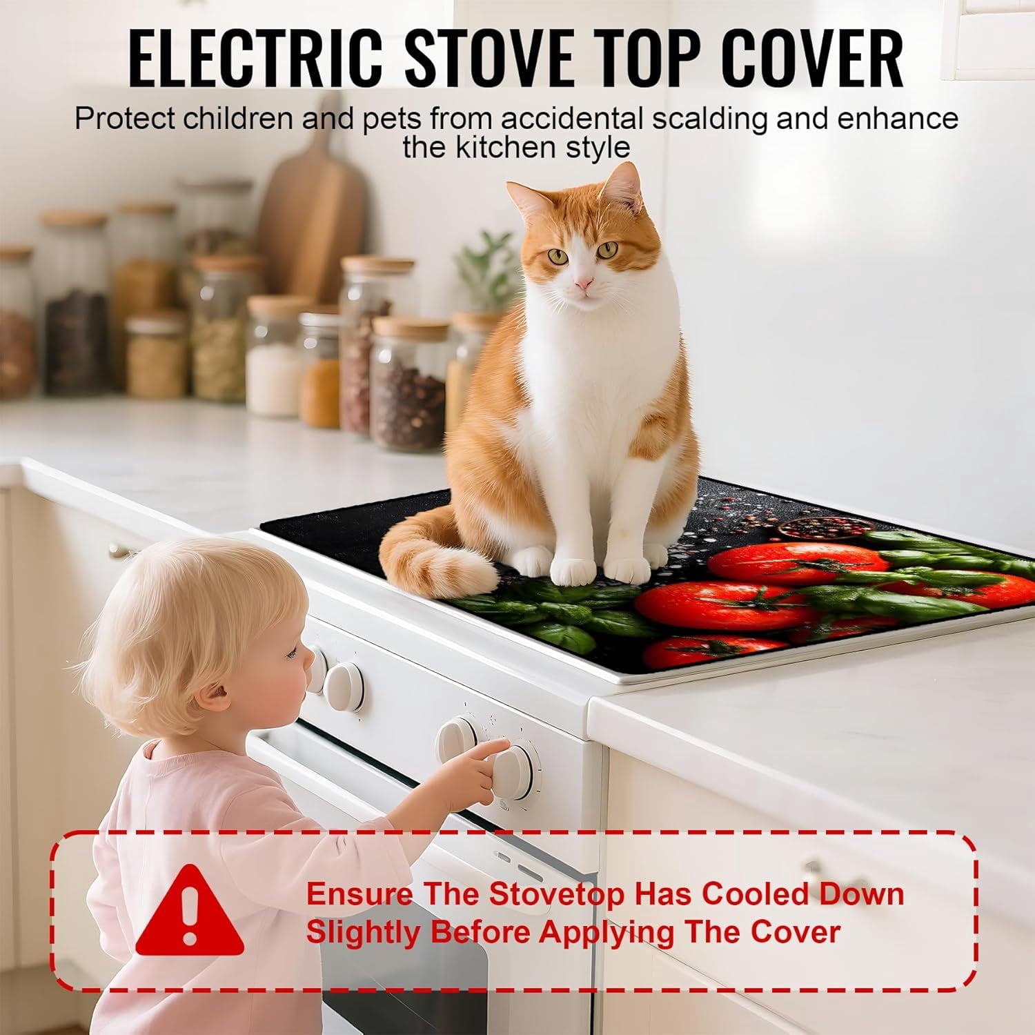 Stove Top Cover for Electric Stove 28.5x20.5 Inch Silicone Stove Topper & Protector, Scratch-Resistant Decorative Kitchen Mat for Electric/Glass Stove Top (Fresh Tomato & Spices)