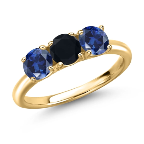 Gem Stone King 18K Yellow Gold Plated Silver Black Onyx and Blue Created Sapphire Engagement Ring for Women | 1.68 Cttw | Round 5MM | Gemstone December Birthstone | Size 5