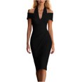 thumbnail image 2 of Karymi Spring Dresses for Women Off Shoulder Halter Midi Bodycon Dress, Wrap V Neck Side Ruched Stretchy Satin Formal Cocktail Party Dress Wedding Guest Dresses for Women, 2 of 5