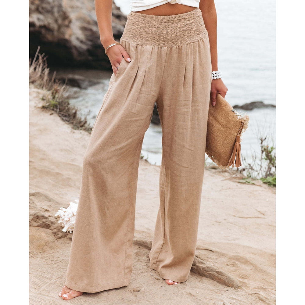 Sksloeg Linen Pants Women Summer Tall Inseam Oceanside Solid Smocked Waist  Lounge Beach Trousers with Pockets,Khaki S