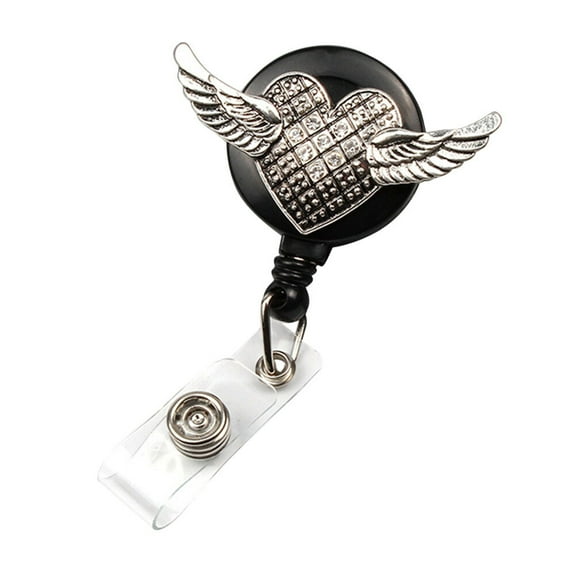 WORGEOUS Retro Wing Shaped Round Rhinestone Clips ID Sleeve Telescopic Buckle Retractable ID Badge Reel Clips Easy Pull Buckle Clip (White)