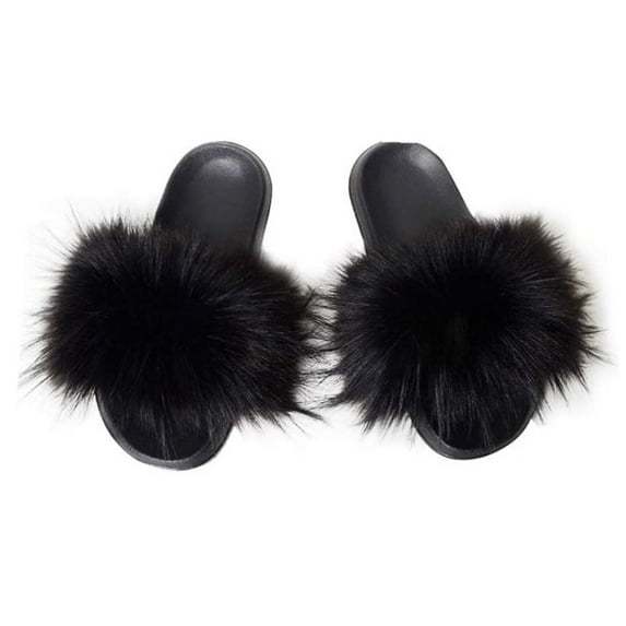Women Fur Slides Sandal with Soft Furry Faux Fox Fur Lovely House Outdoor Slippers for Ladies Multicolor