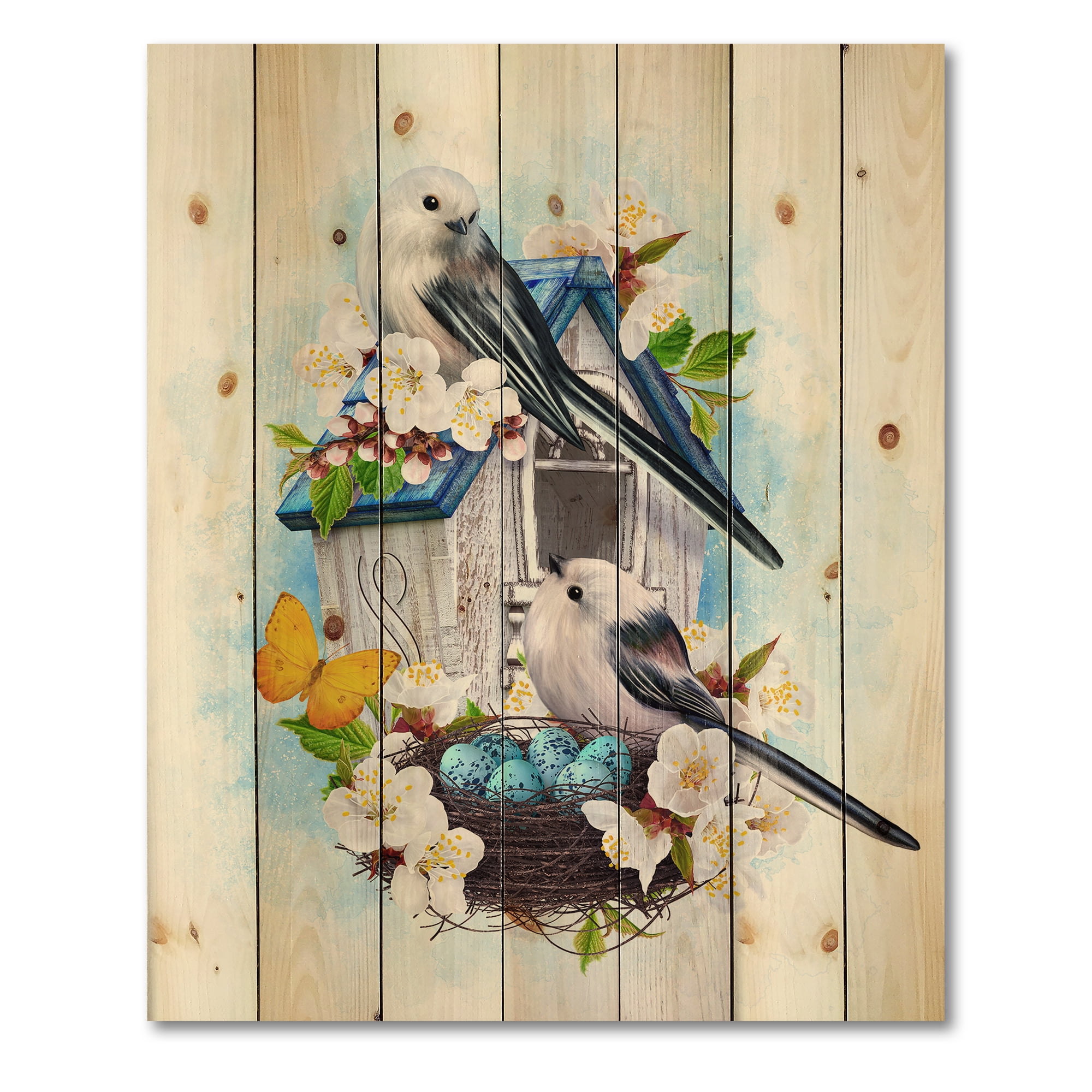 Designart 'Two Tit Birds Sitting Near The Nest With Eggs and White Flowers II' Traditional Print on Natural Pine Wood