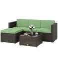 thumbnail image 1 of 3-Piece Outdoor Rattan Wicker Patio Furniture Set with Cushions, PE Wicker Corner Sofa, Ottoman & Glass Top Coffee Table for Backyard, Garden, Poolside, Light Green, 1 of 7