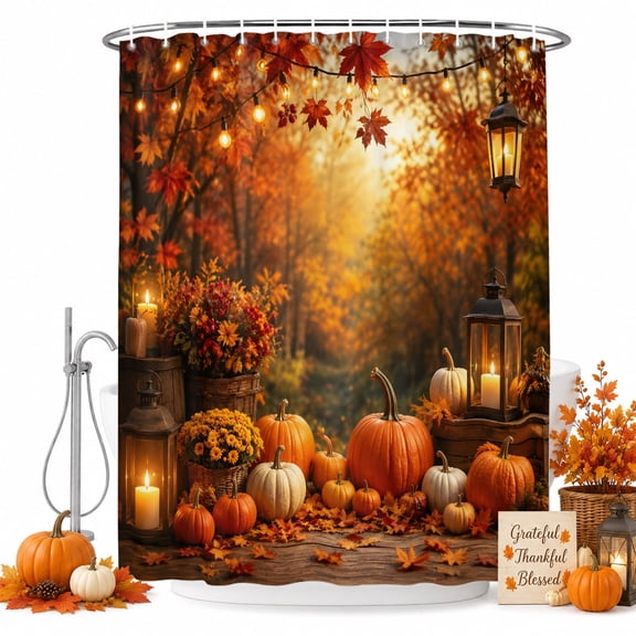72x78 Inch Shower Curtain Thanksgiving Pumpkins Bathroom Decor, Waterproof Fabric Bathtub Bath Curtains Decorative Maple Leaves Fall Autumn Forest Extra Long Shower Curtain Set with Hooks