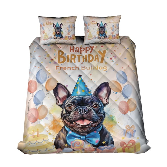 Watercolor French Bulldog Happy Birthday Celebration Balloons Gift Party Quilt Bedding Set Dog Lover Gifts 1 Blanket Bed Cover 2 Pillowcases - 00028