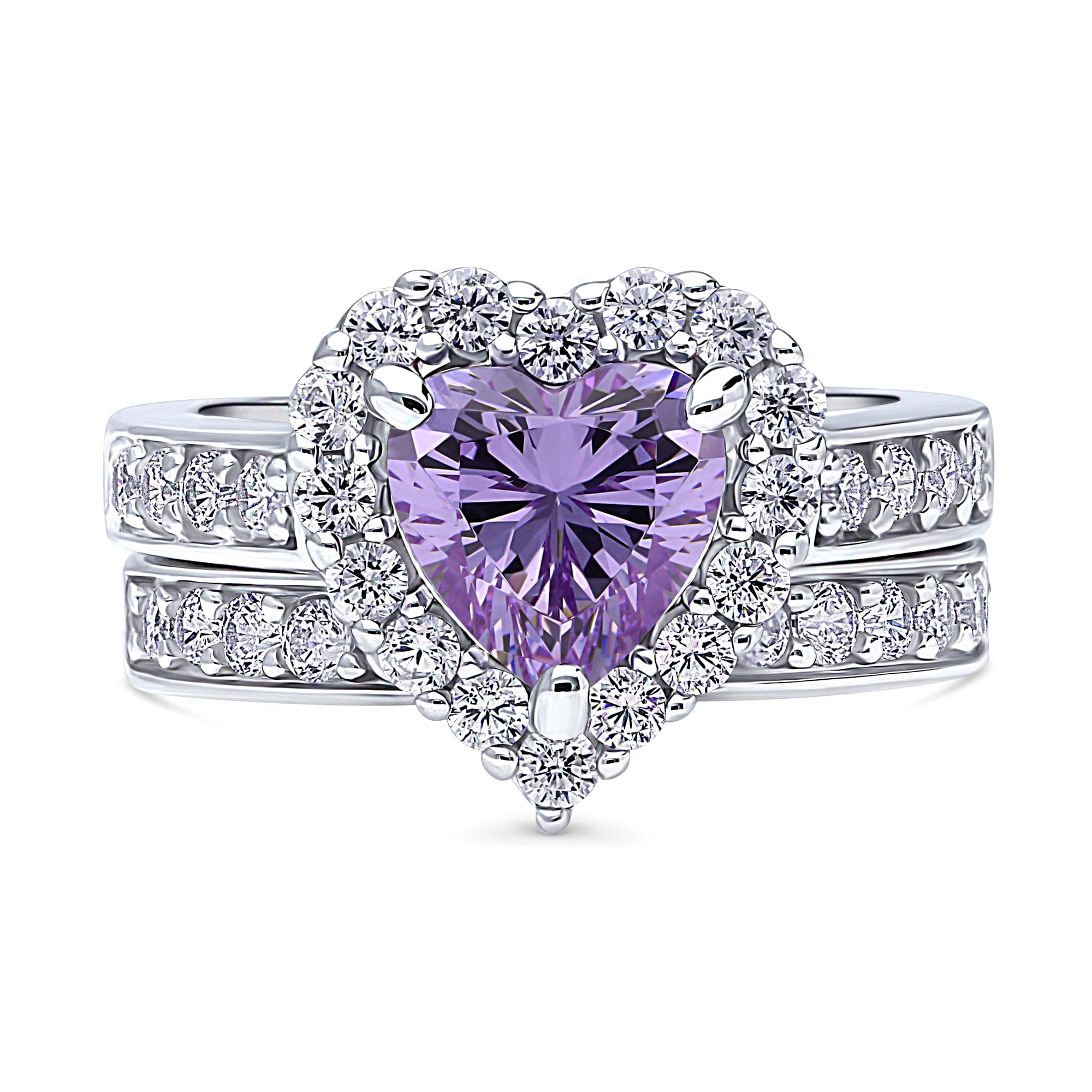 BERRICLE Sterling Silver Halo Wedding Engagement Rings Purple Heart Shaped Cubic Zirconia CZ Statement Heart Ring Set for Women, Rhodium Plated Size 7