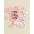 thumbnail image 3 of Baby Girl Summer Outfits 0 3 6 Months Letter Print Ribbed Lace Fly Sleeve Rompers Floral Print Bloomers Shorts Headband 3Pcs Clothes Set, 3 of 9