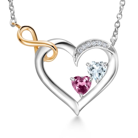 925 Sterling Silver and 10K Yellow Gold Sky Blue Aquamarine Pink Tourmaline and White Lab Grown Diamond Infinity Heart Pendant Necklace for Women (0.51 Cttw, Heart Shape 4MM, with 18 inch Chain)