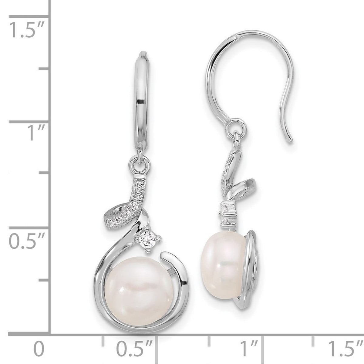 925 Sterling Silver Rhodium Plated 8-8.5mm Fwc Pearl Cubic Zirconia Shepherd Hook Earrings 34.3x12mm Wide Stud Earring f