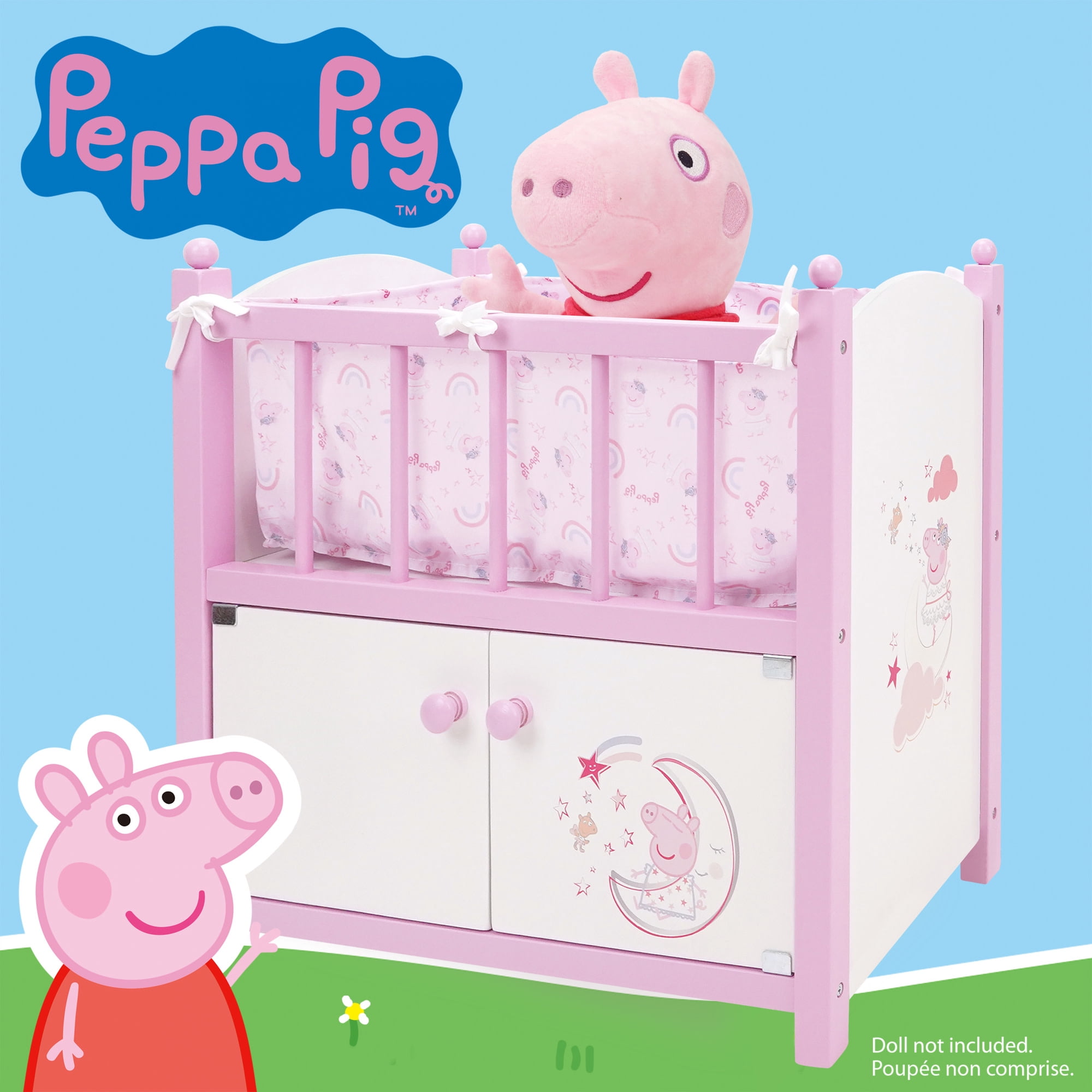509 Crew: Peppa Pig - 2-In-1 Wooden Doll Crib - Pink-White-Moon, Built-In Storage Cabinet, Pillow & Blanket, Doll & Plush Sleep Accessory Toy, Kids 3+
