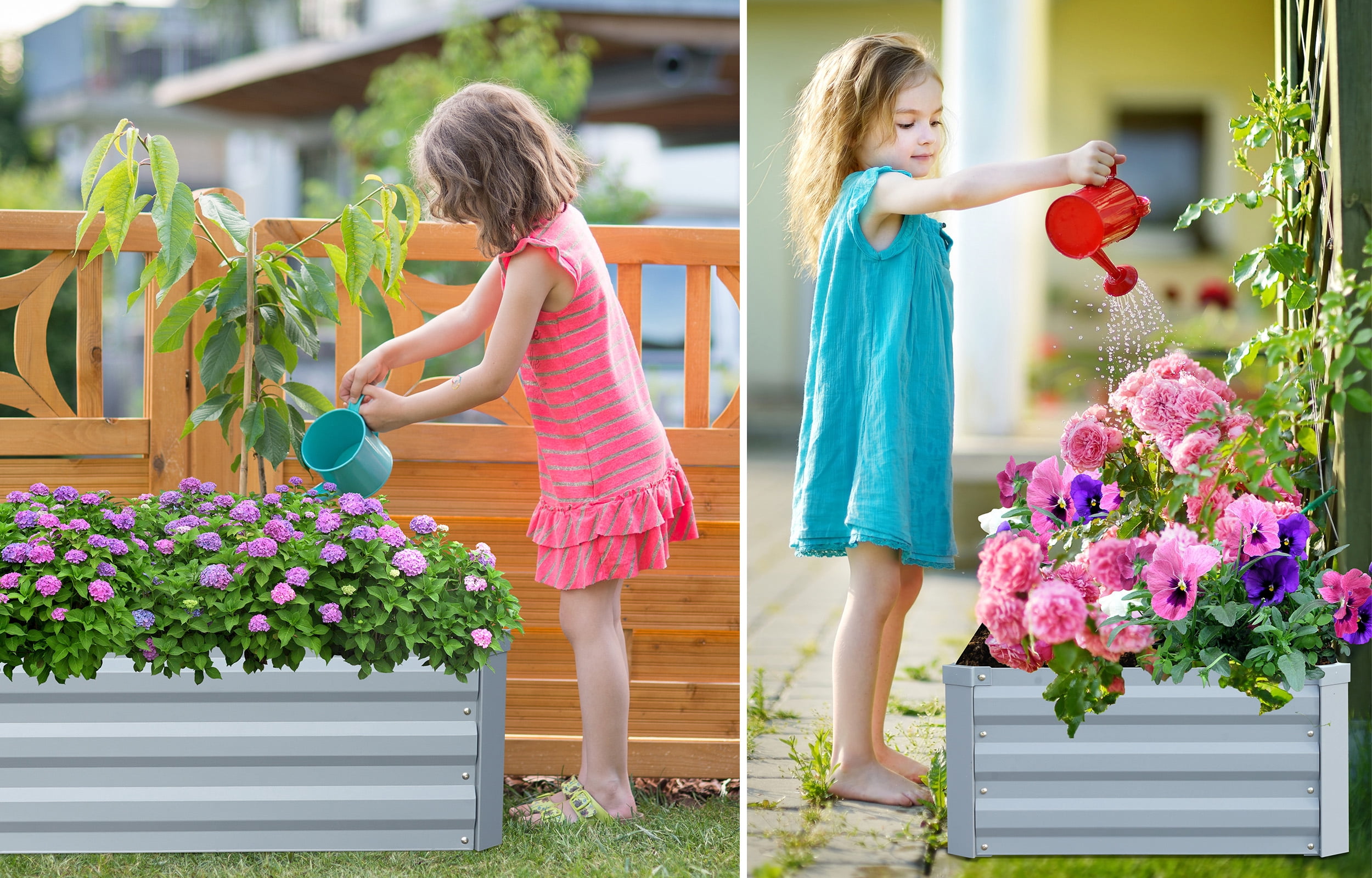 AMOBRO 8x4x1ft Outdoor Metal Raised Garden Bed Planter Box for Vegetables, Flowers, Herbs w/ 3 Tomato Cages Silver