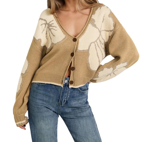 JUUNthy Womens Cardigan Sweater, V Neck Floral Knit Long Sleeve Casual Loose Cropped Sweater Outerwear Khaki M