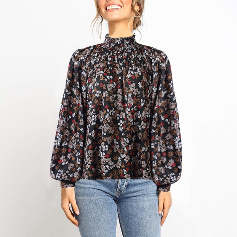 Anself - Women Blouse Colorful Floral Leopard Print Shirred Smocked High Neck Long Puff Sleeve 