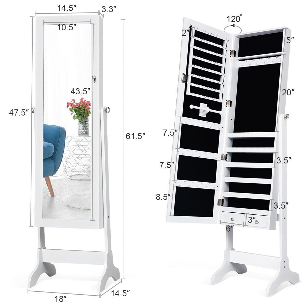 Gymax 4 Tilting Position Jewelry Organizer Vanity Box w/ Full Length Mirror White