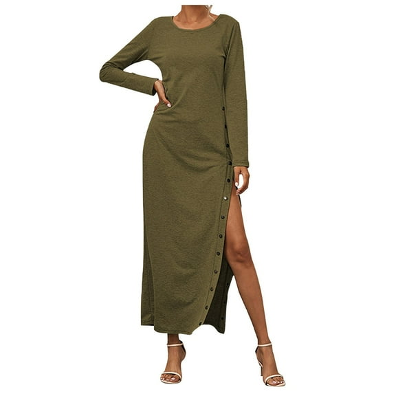 LLYwey Long Sleeve Wedding Guest Dress New Fashion Split Button Skirt Color Long Sleeve Dress New Party Dresses Green-1 M