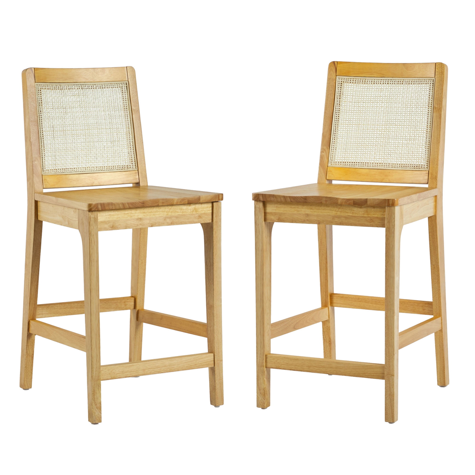 Walker Edison Collection Solid Wood Counter Stool with Woven Rattan Back, Natural (Set of 2)