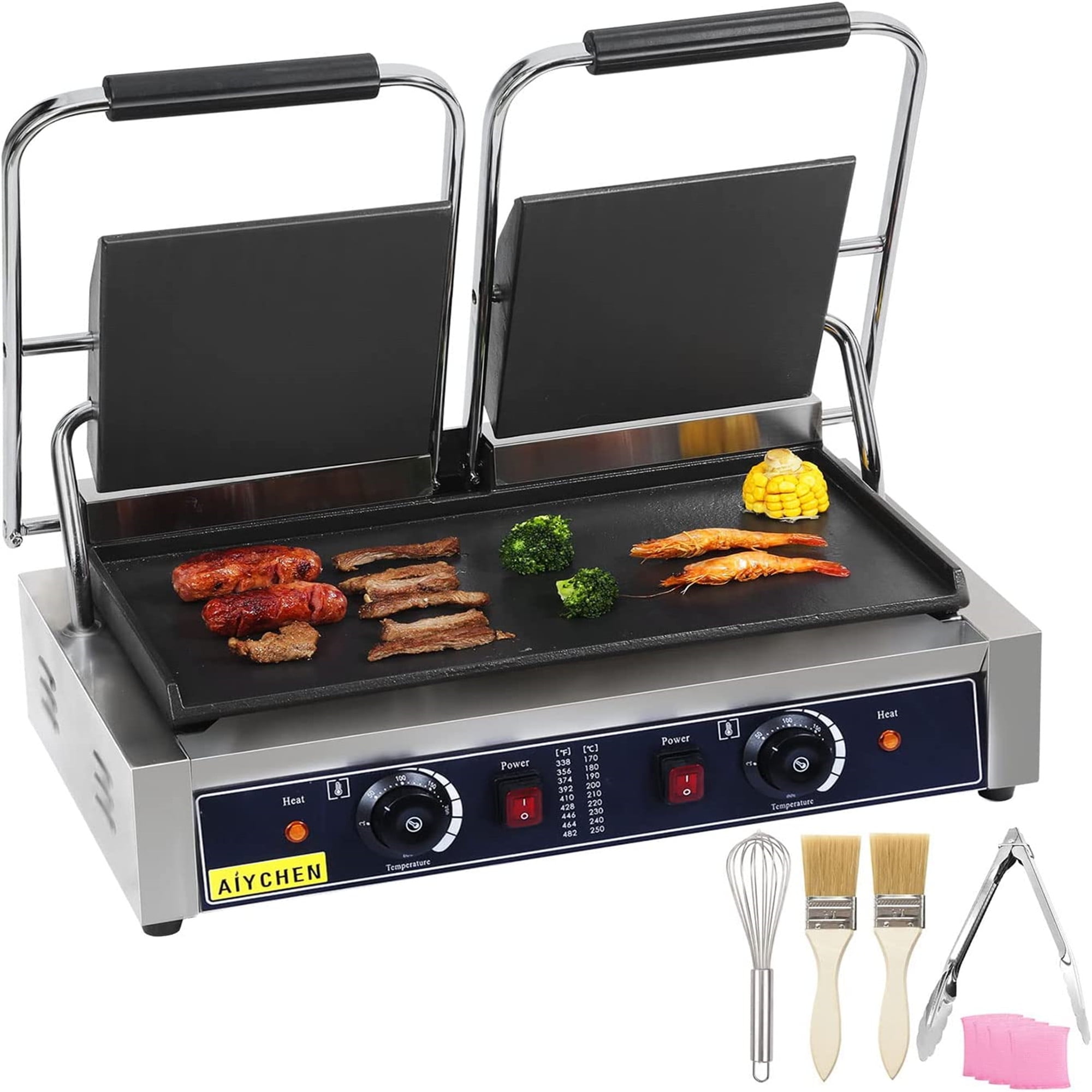Grilled Press Commercial Sandwich Panini Press 2X1800W Temperature Control for Hamburgers Steaks Bacons 
