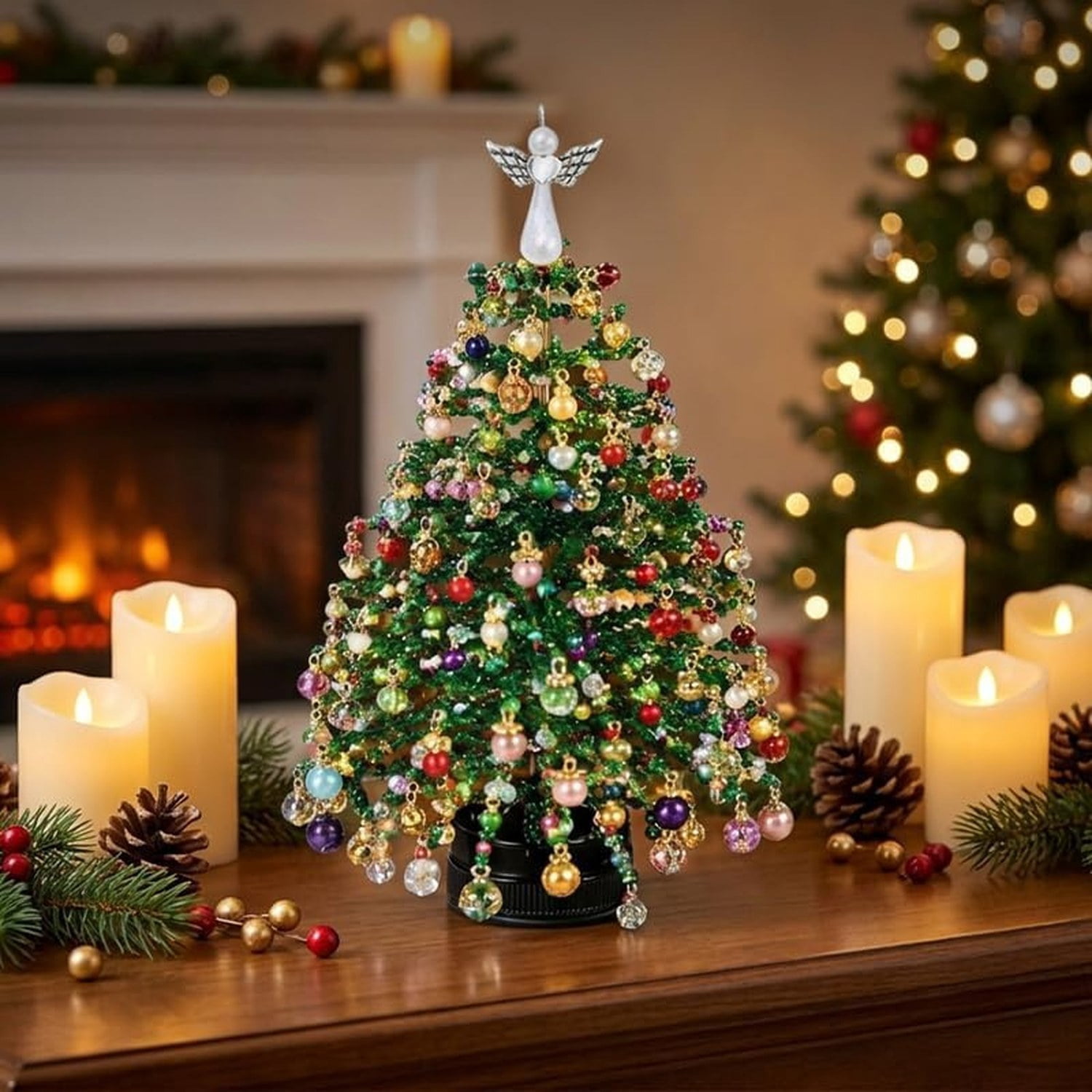 DIY Beaded Christmas Tree Kit with LED Light, Handmade Tabletop Holiday Craft for Adults, 4.4 x 4.3 x 4.5 in Desktop Decoration