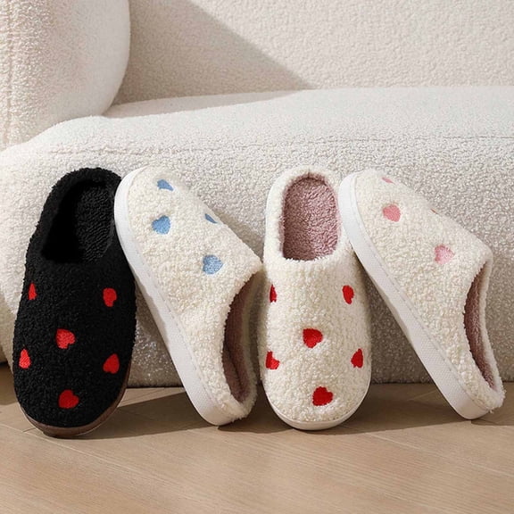 Puntoco Slippers for Women and Men, Retro Comfy Warm Soft Fuzzy Plush Slip-On House Shoes Funny Happy Home Winter Warmies Pillow Cloud Memory Foam Fluffy Slipper for Indoor & Outdoor Red 44