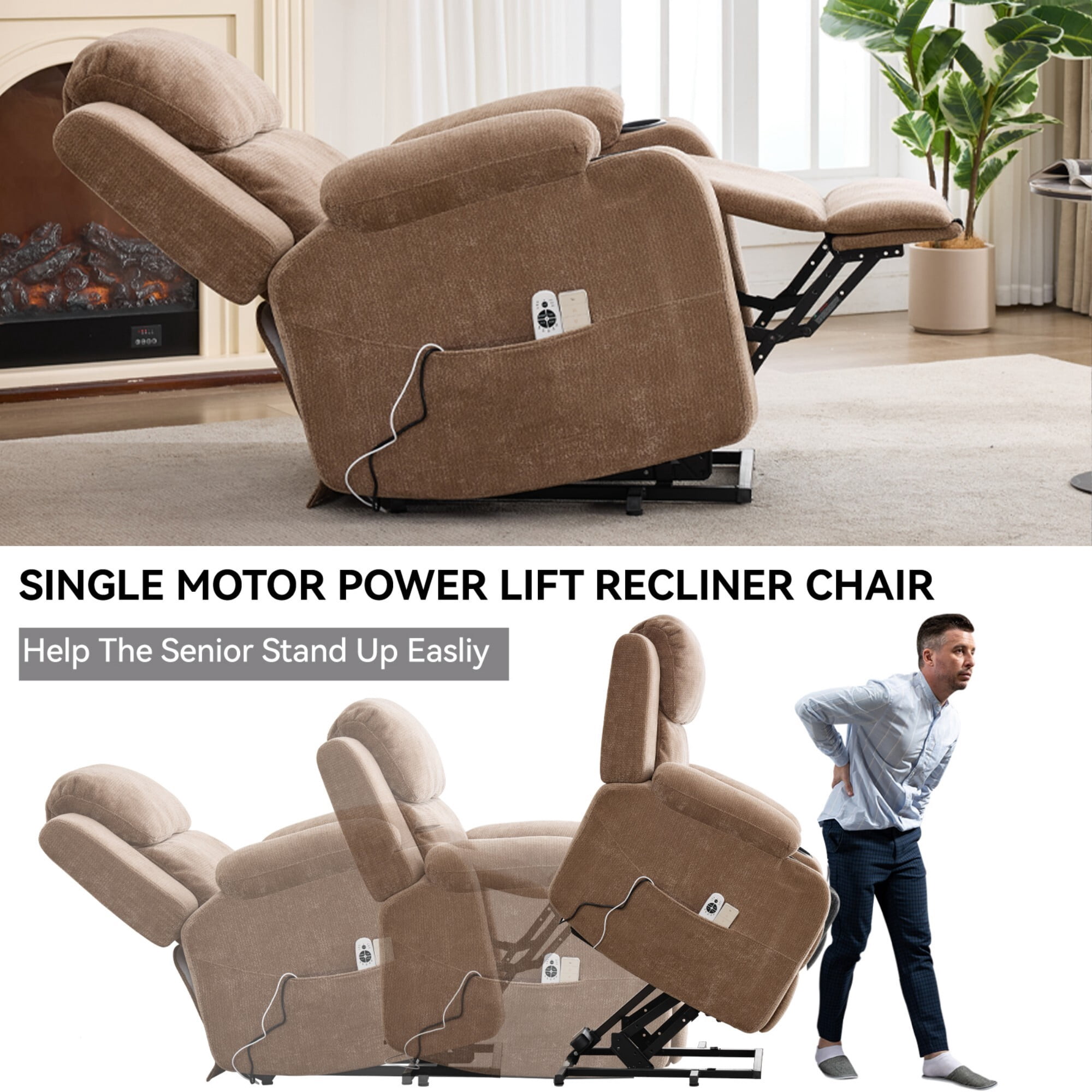 AENKYO Power Lift Recliner Chair with Massage & Heat, Adjustable Backrest & Footrest, Side Pockets & Cup Holders, Brown
