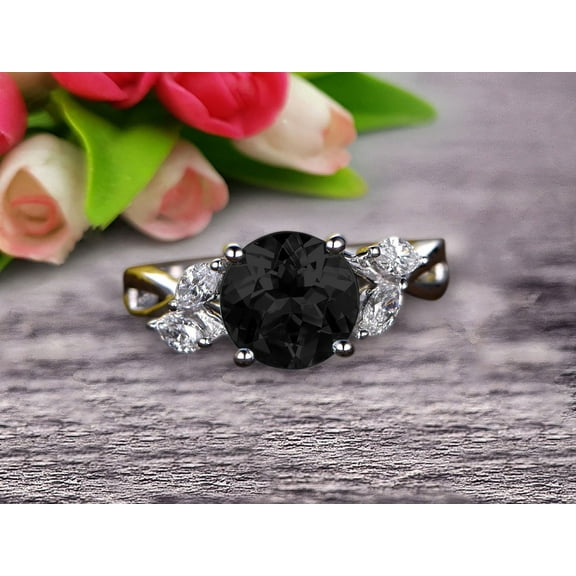 1.50 Carat Round Cut Black Diamond Moissanite Engagement Wedding Ring 10k White Gold Art Deco Marquise Cut Retro Vintage