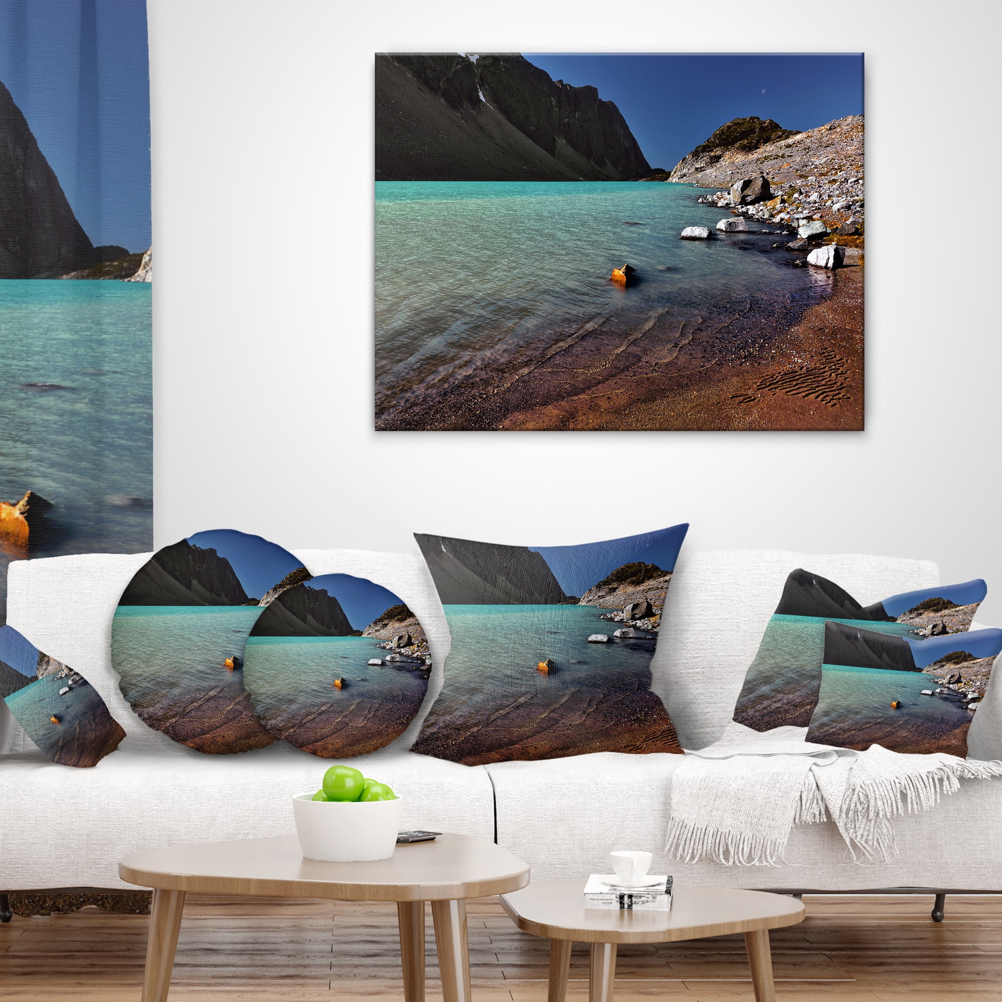 Designart Bright Blue Waters of Mountain Lake - Landscape Printed Throw Pillow - 16x16