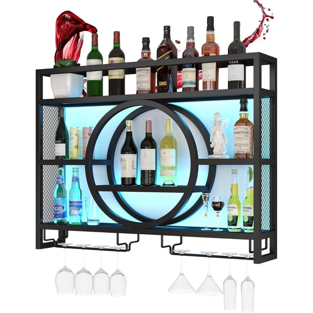 Botellero Vino Pared Mueble Bar Garrafeira de Vino Wine Rack con Soporte Copas Colgante e Luce LED Mini Bar para Casa Barra para Bar Cocina Comedor Sala de Estar(Black,100cm/39.37in)